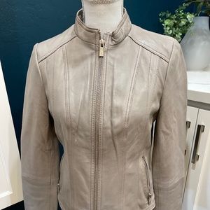 Black rivet taupe grey leather bomber style jacket